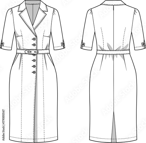 Women’s trench coat dress, tailored fashion design, notched lapel collar, belted waist, button front closure, pleated back vent, technical flat illustration