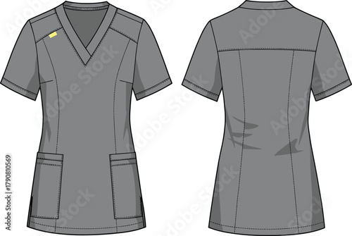 Women's scrub top technical flat sketch, front and back view, medical uniform design, V-neck, patch pockets, yoke seam, stitching detail