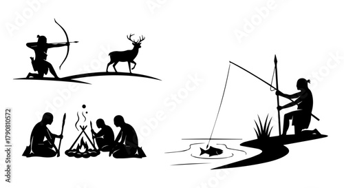 Ancient humans: hunting, fishing, fire gathering for survival