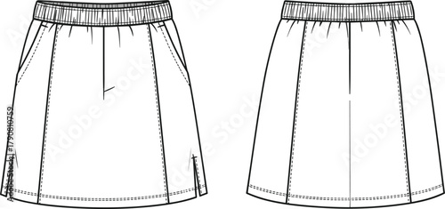Women's skirt technical sketch, front and back view, elastic waistband, side pockets, seam lines, gathered fabric, fashion flat drawing