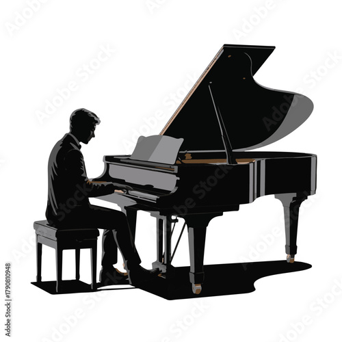 Illustration of a man playing a grand piano, seated on a bench, isolated on white background, in a vector style