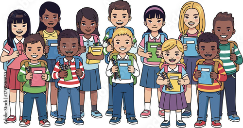 Cartoon school children with books, diverse students in colorful outfits, smiling kids, flat vector, cad drawing, white background, education