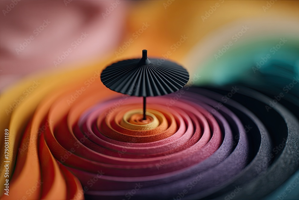 Fototapeta premium Small black umbrella stands on colorful paper swirls in a rainbow pattern.
