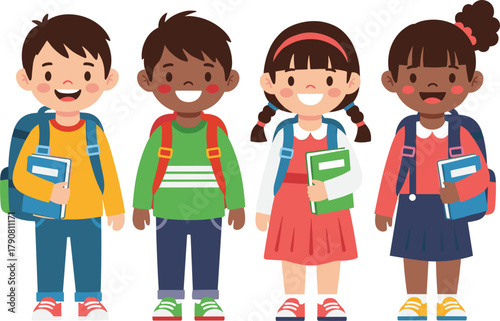 Cartoon school children, diverse students, happy kids, back to school, education concept, flat vector, colorful outfits, books, backpacks, smiling faces