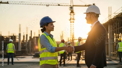 Construction worker and businessman shaking hands on construction site at sunset