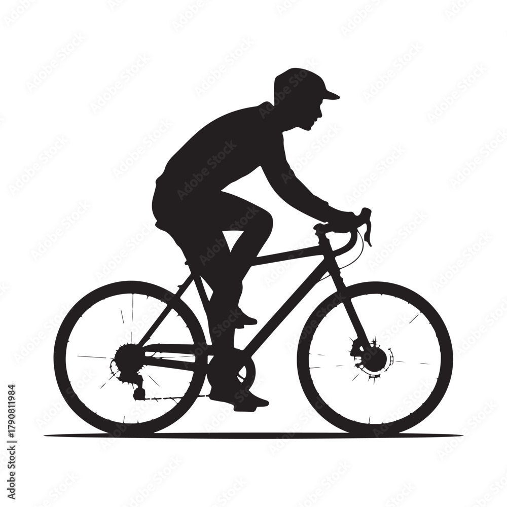 Fototapeta premium Silhouette of a cyclist riding a bicycle isolated on white background, showcasing fitness and outdoor activity