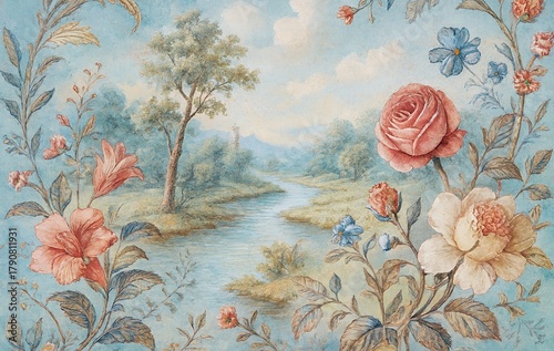 Rococo style landscape painting framed by lush pink, cream, and blue flowers