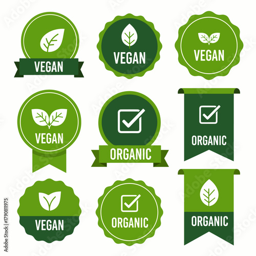 Vegan mark labels. Fresh vegetarian products, eco organic food and recommended healthy product sticker badges. Vegetarian lifestyle emblem, health diet tag.  isolated icons set