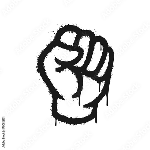 Black graffiti style protest fist with spray paint drips