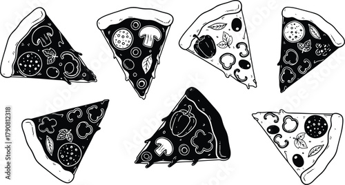 Delicious pizza slices arrangement showcasing various toppings with black outline