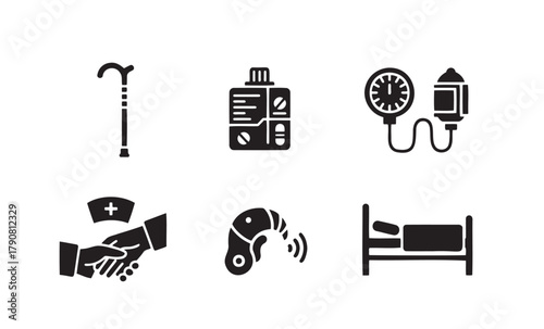 Minimalist black icons set for geriatric nursing and elderly care — ideal for senior health, medicine and caregiving content.