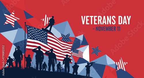 Veterans Day Celebration with American Flags and Silhouetted Soldiers.