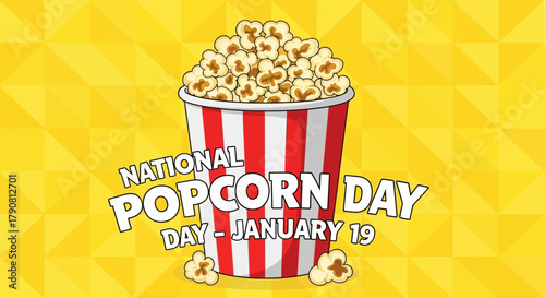 National Popcorn Day Celebration with Striped Bucket on Yellow Background.