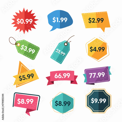 Colorful sale tag and label set vector illustration for retail promotion and discount signs