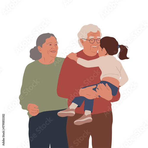 Grandparents hugging grandchild, family love concept