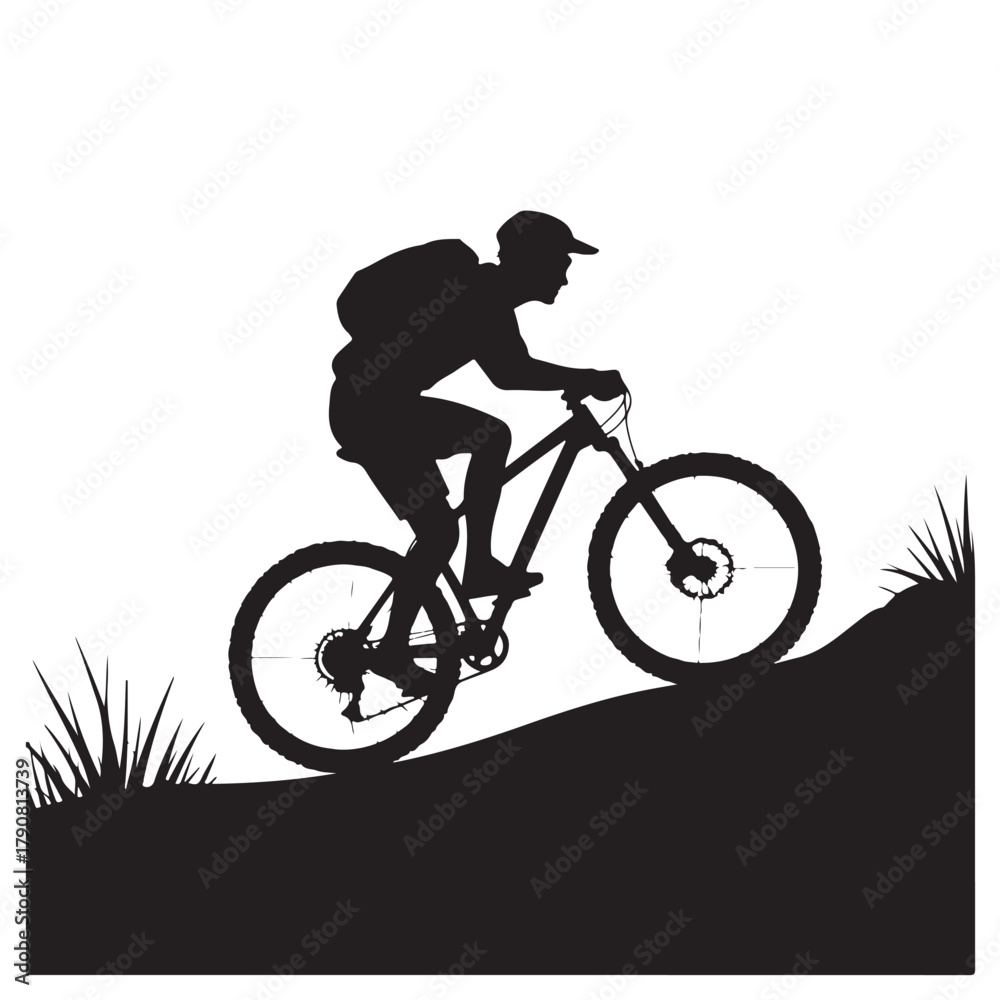 Obraz premium Silhouette of a man riding a mountain bike uphill, showcasing the thrill of outdoor adventure isolated on white background