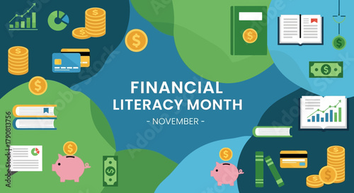 Financial Literacy Month November banner with money and finance icons.