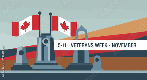 Canadian Veterans Week Remembrance Illustration with Flags and Monuments.