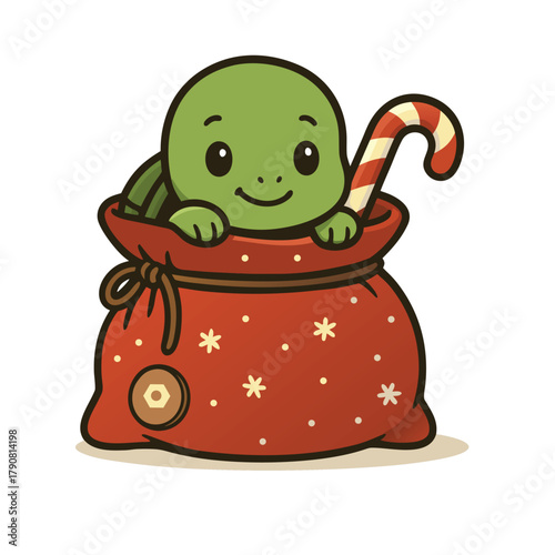 Cute Turtle Peeking from Red Gift Sack with Candy Cane