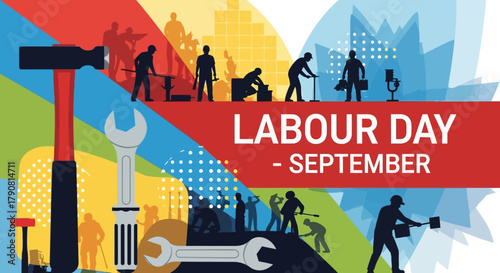 Labour Day September Celebration with Workers and Tools.