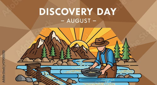 Discovery Day August Gold Miner Panning for Gold in River.