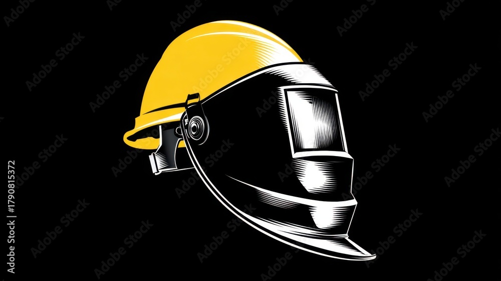 Fototapeta premium Yellow Welding Helmet Graphic on Black Background for Industrial Use