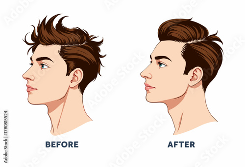 Transformation Showcasing a Haircut and Style Change from Messy Spiked Hair to Neat Comb-Over with Profile View Illustrations Before and After