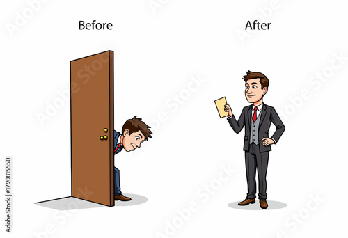 Transformation from Shy Individual to Confident Professional Holding Document Signifying Personal Growth and Development