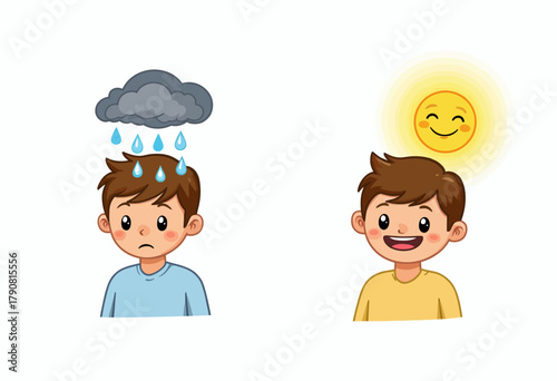 Illustration of Mood Changes Depicted by Weather Elements: Cloudy Rain for Sadness and Bright Sunshine for Happiness in Characters
