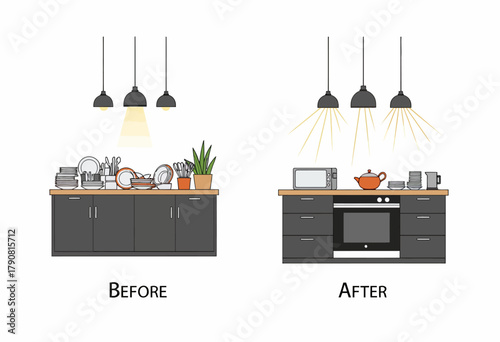 Illustration Comparing Kitchen Organization Before and After with Enhanced Lighting, Clean Counters, and Visible Storage Improvements