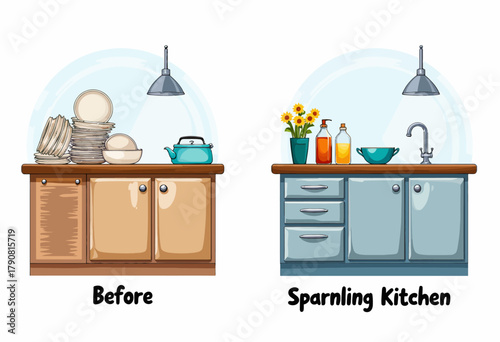 Illustrated Comparison of Kitchens Showcasing Transition from Cluttered to Neat and Organized with Enhanced Decor and Fresh Ambiance