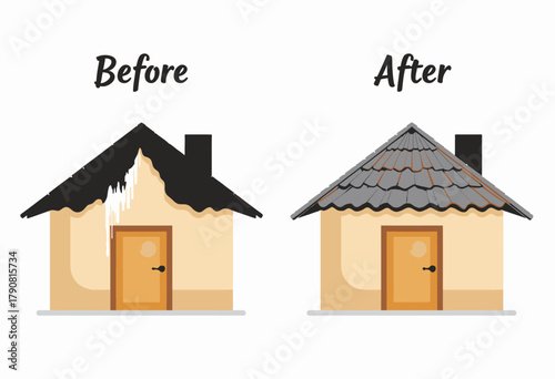 Illustration depicting a transformation in roofing with a before-and-after comparison showing damaged shingles replaced by a new robust roof