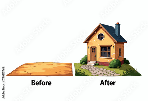 Illustration Depicting a Transformation from a Barren Plot of Land to a Cozy, Newly Constructed Home with a Pathway and Surrounding Greenery