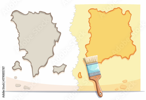 Illustration of Geographic Regions with Paintbrush Transforming Grey Areas to Bright Yellow Highlighted Territories