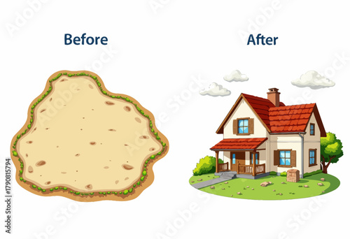 Transformation of Empty Land into Cozy Residential House with Lush Greenery and Picturesque Scenery in a Serene Suburban Setting