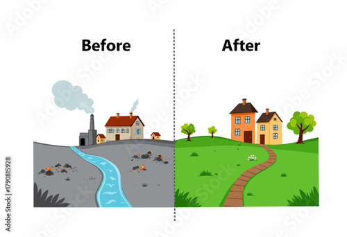 Illustration depicting transformation of an industrial polluted landscape into a vibrant green environment highlighting sustainability and ecological restoration