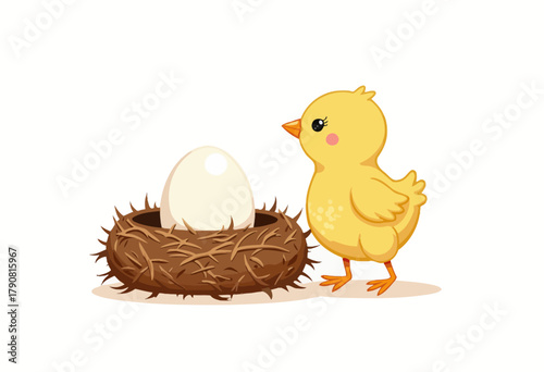 Adorable Yellow Chick Curiously Examining a Large White Egg Nestled in a Cozy Nest on a Clean White Background Depicting New Beginnings and Growth