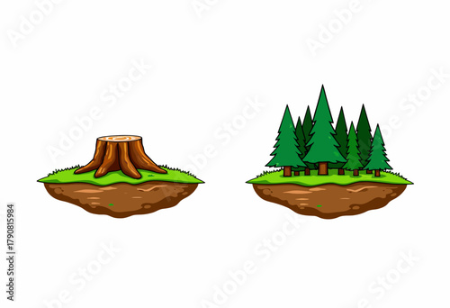 Illustration Depicting Contrast Between Deforested Tree Stump and Lush Evergreen Forest on Floating Landmasses