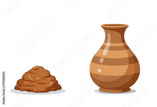 Illustration of a Smooth Clay Pot with Glossy Finish Next to a Pile of Raw Clay Ready for Crafting and Pottery Creation on a White Background
