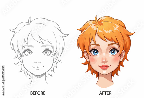 Before and After Transformation Illustration Featuring Female Character with Orange Hair and Lively Expression in Digital Art Style