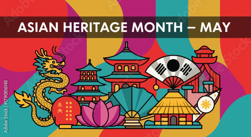 Asian Heritage Month Celebration with Traditional Symbols and Architecture.