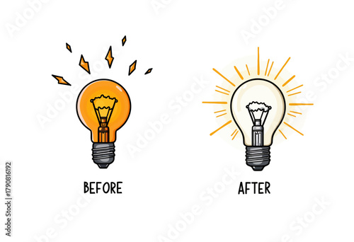 Illustrative comparison of two light bulbs showcasing transformation from dim, shattered state to bright, radiant illumination symbolizing innovation and progress