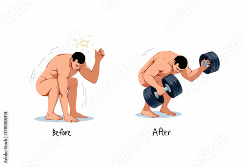 Illustration Transitioning from a Weak Posture to a Strong Fitness Stance with Weights Demonstrating Physical Transformation and Strength Building