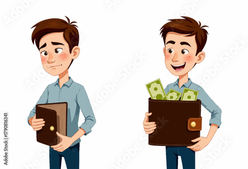 Illustration of Young Man with Wallet Emotionally Transforming from Empty to Full of Cash