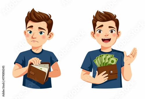 Illustration of a young boy transitioning from having an empty wallet to holding a wallet full of cash with contrasting expressions of sadness and happiness.