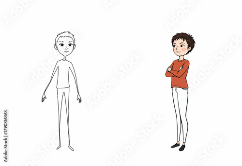 A whimsical illustration depicting a side-by-side contrast of an unfinished and completed cartoon character showcasing artistic processes