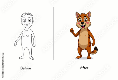Transformation from a Simple Outline Sketch to a Vibrant Animated Cartoon Character with Expressive Features and a Cheerful Expression