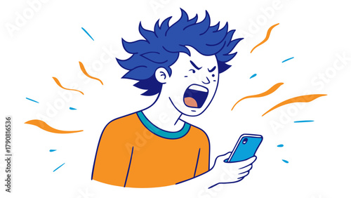 Angry young man shouting at smartphone, frustrated with bad news or app problem in cartoon style
