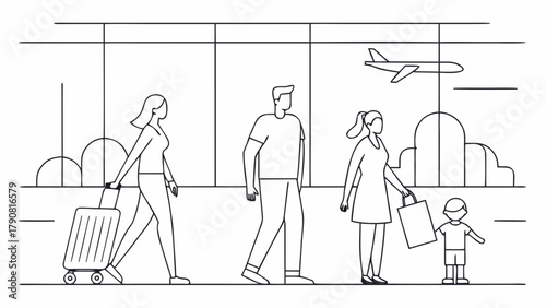 Family with luggage walking through airport terminal with airplane taking off in background