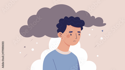 Sad Teenager, with dark cloud over head symbolizing depression and emotional struggle